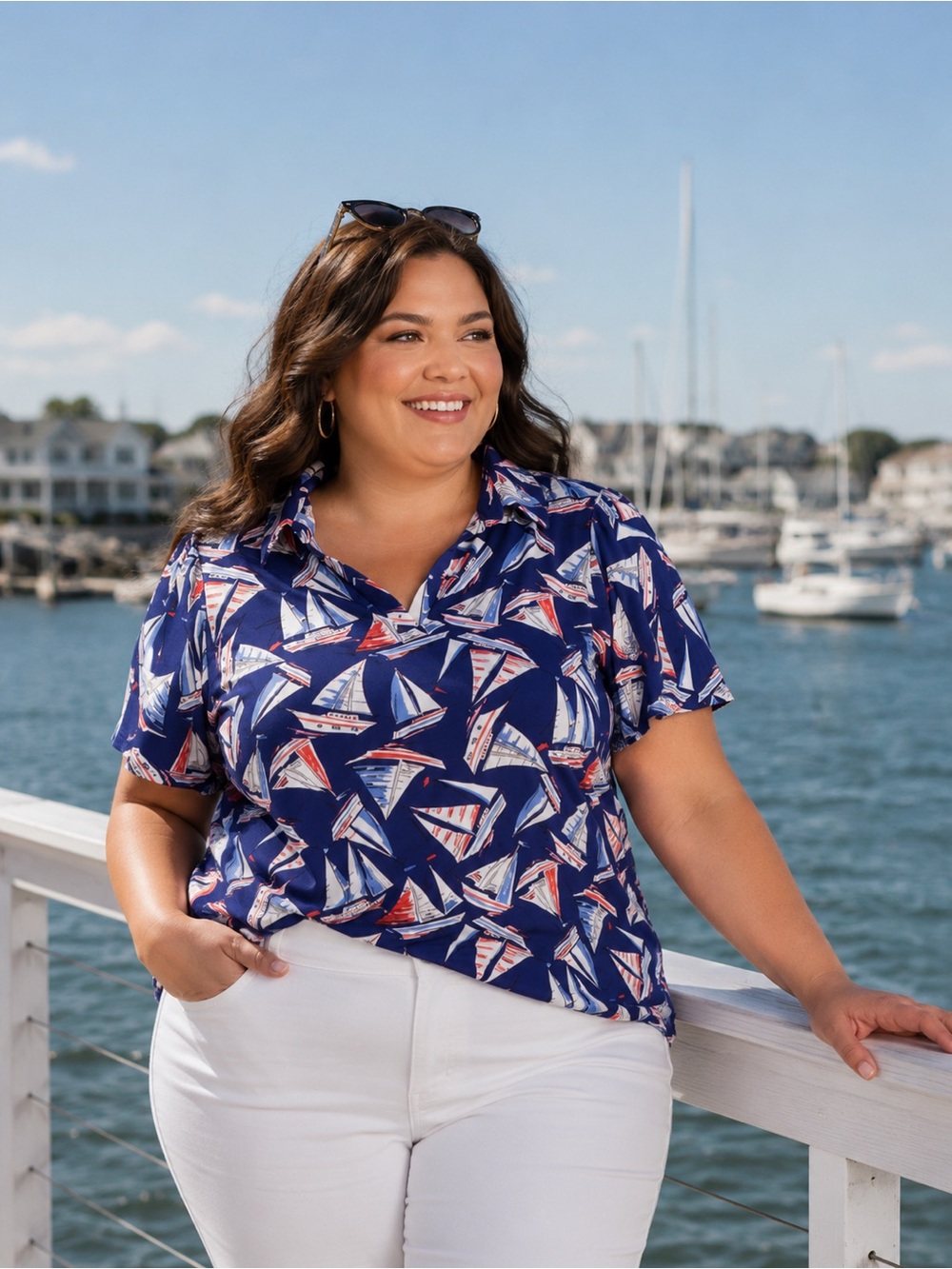 Stella & Ginger Blue Nautical Print Puff Sleeve Top Size 2X